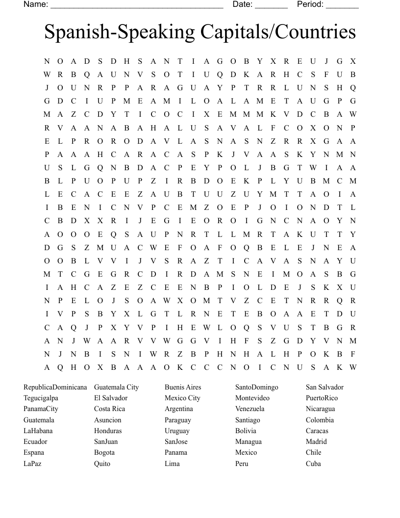 Spanish-Speaking Capitals/Countries  Word Search