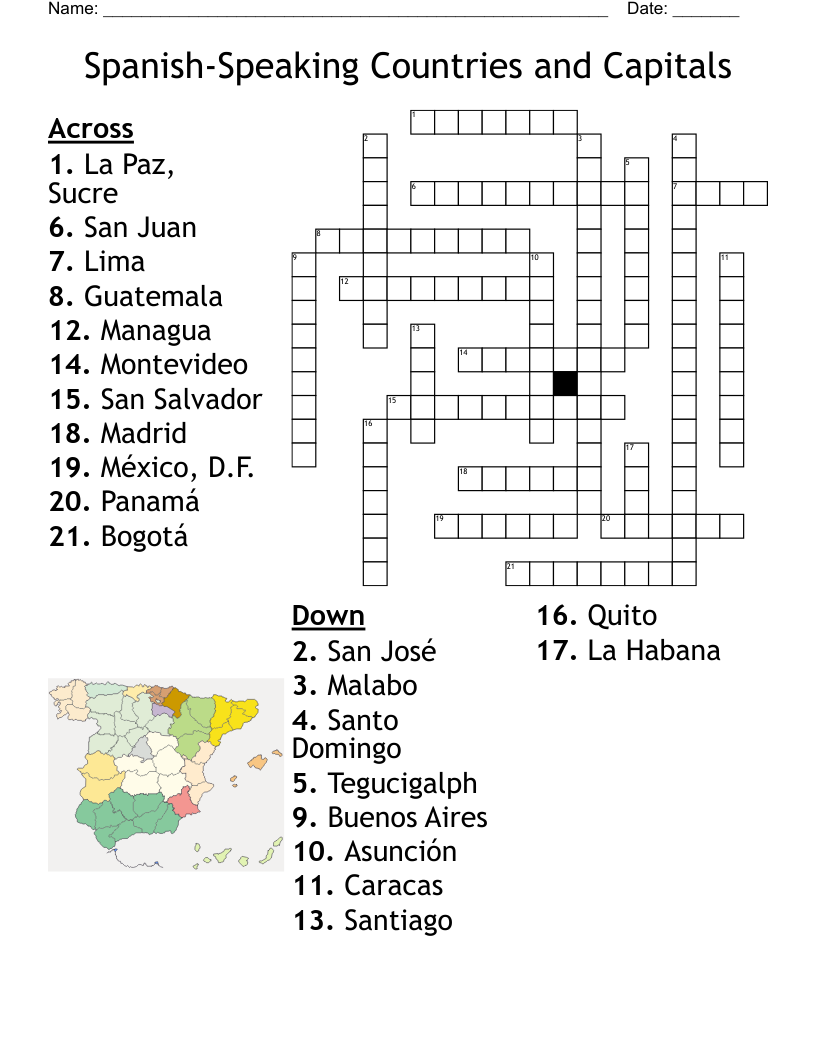 Spanish-Speaking Countries and Capitals Crossword
