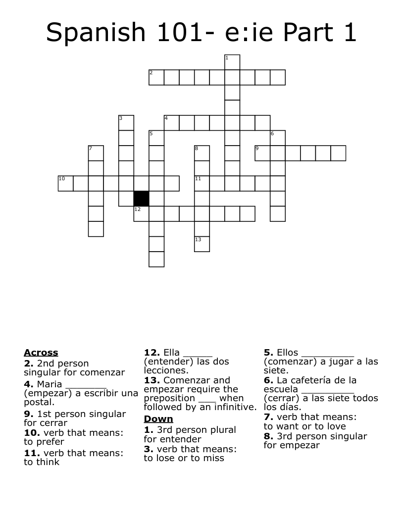 Spanish 101- e:ie Part 1 Crossword