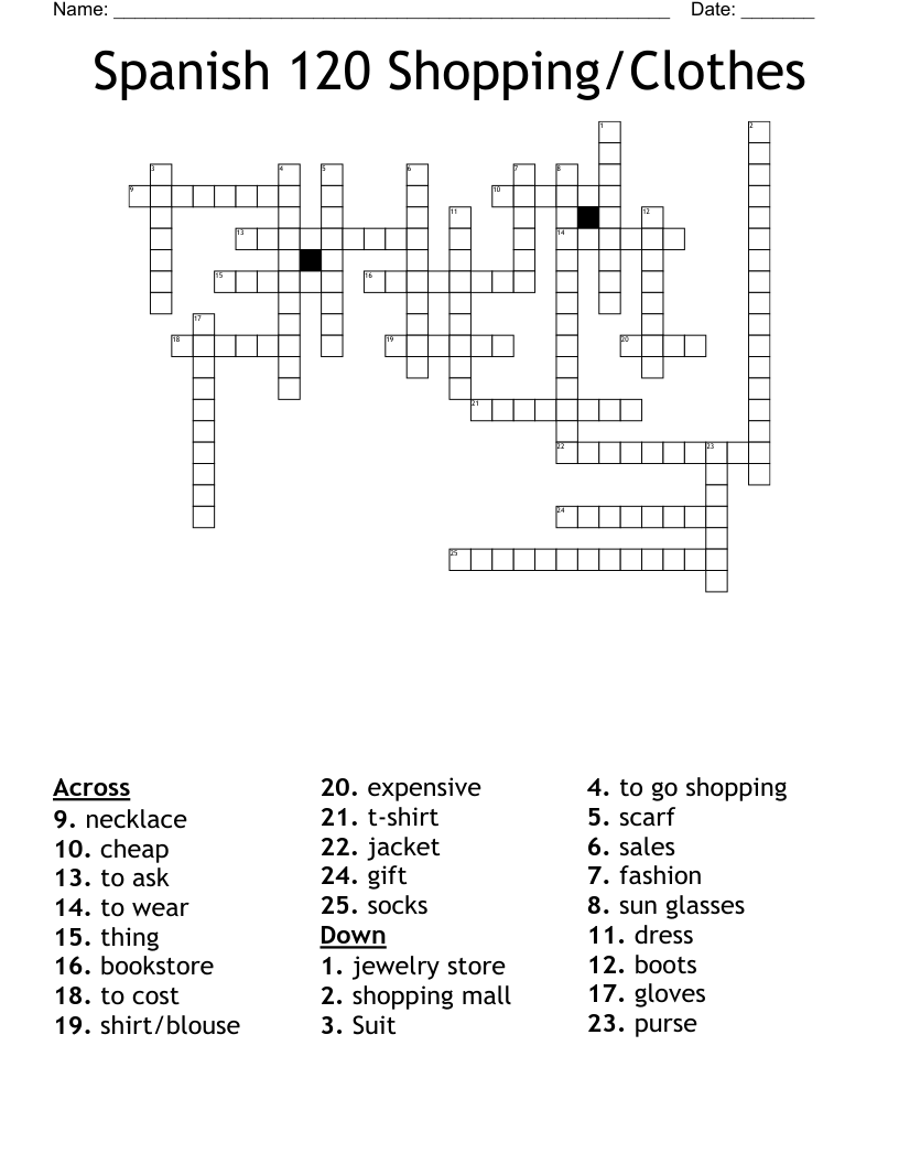 Spanish 120 Shopping/Clothes Crossword