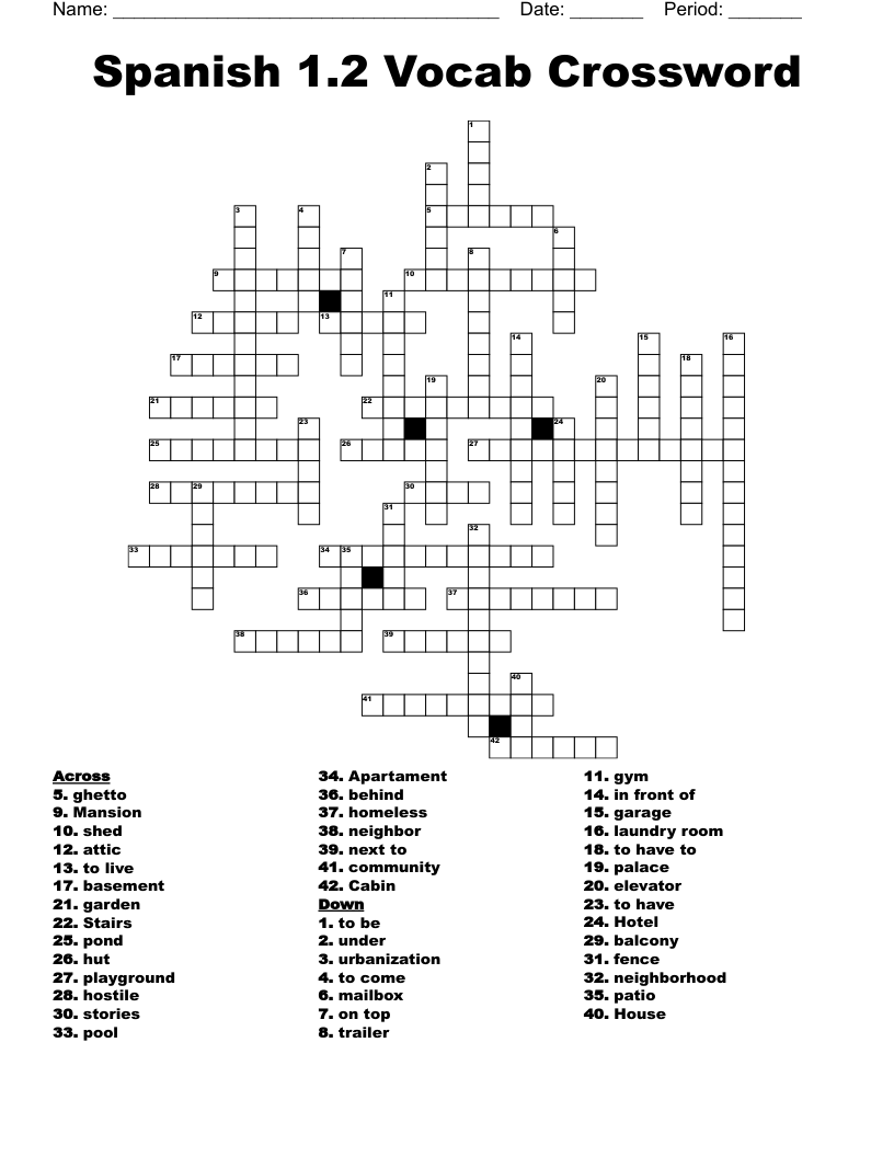 Spanish 1.2 Vocab Crossword