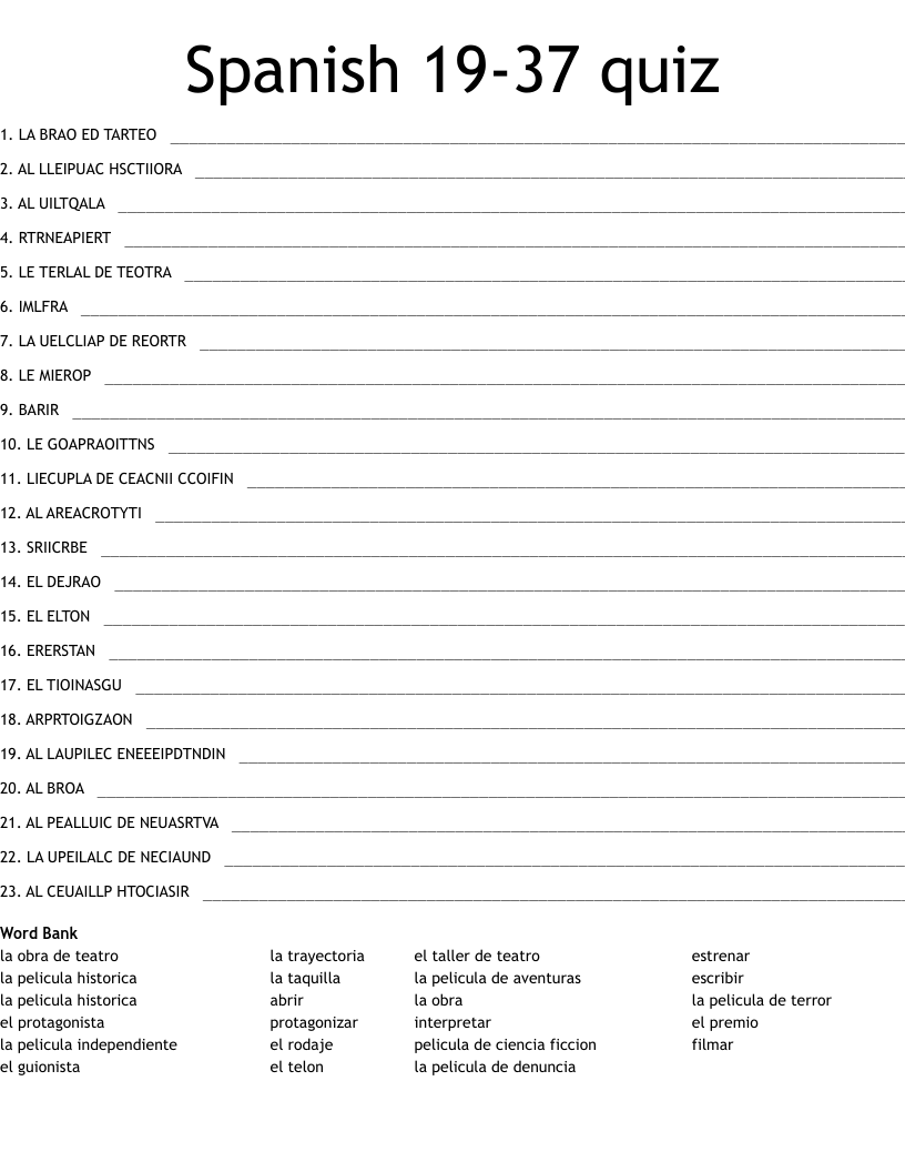 Spanish 19-37 quiz Word Scramble