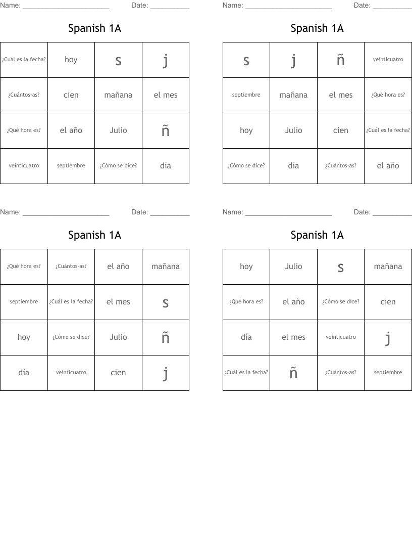 Spanish 1A Bingo Cards