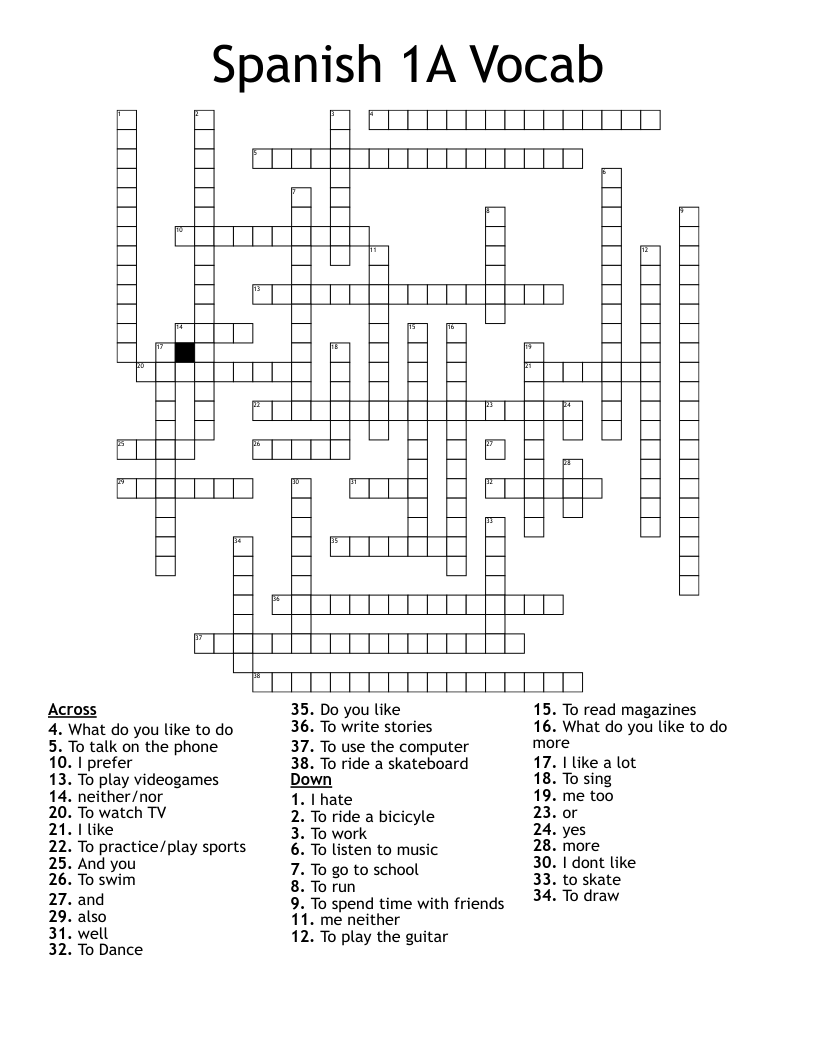 Spanish 1A Vocab Crossword