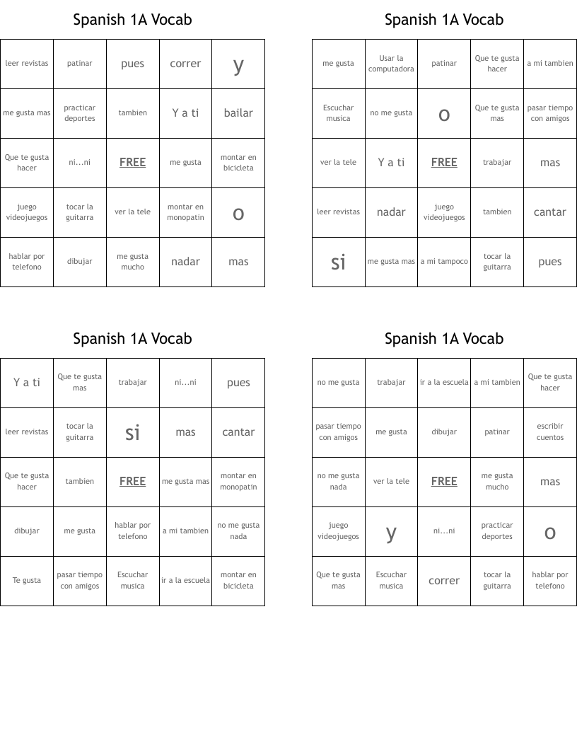 Spanish 1A Vocab Bingo Cards