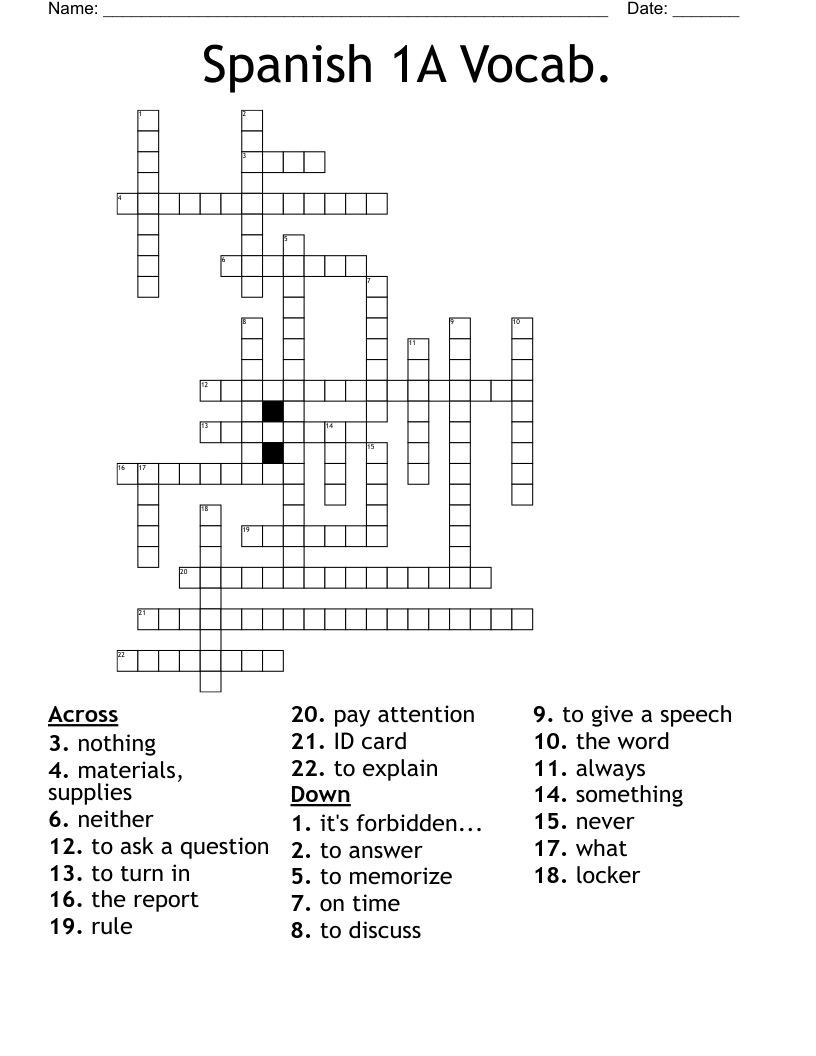 Spanish 1A Vocab. Crossword