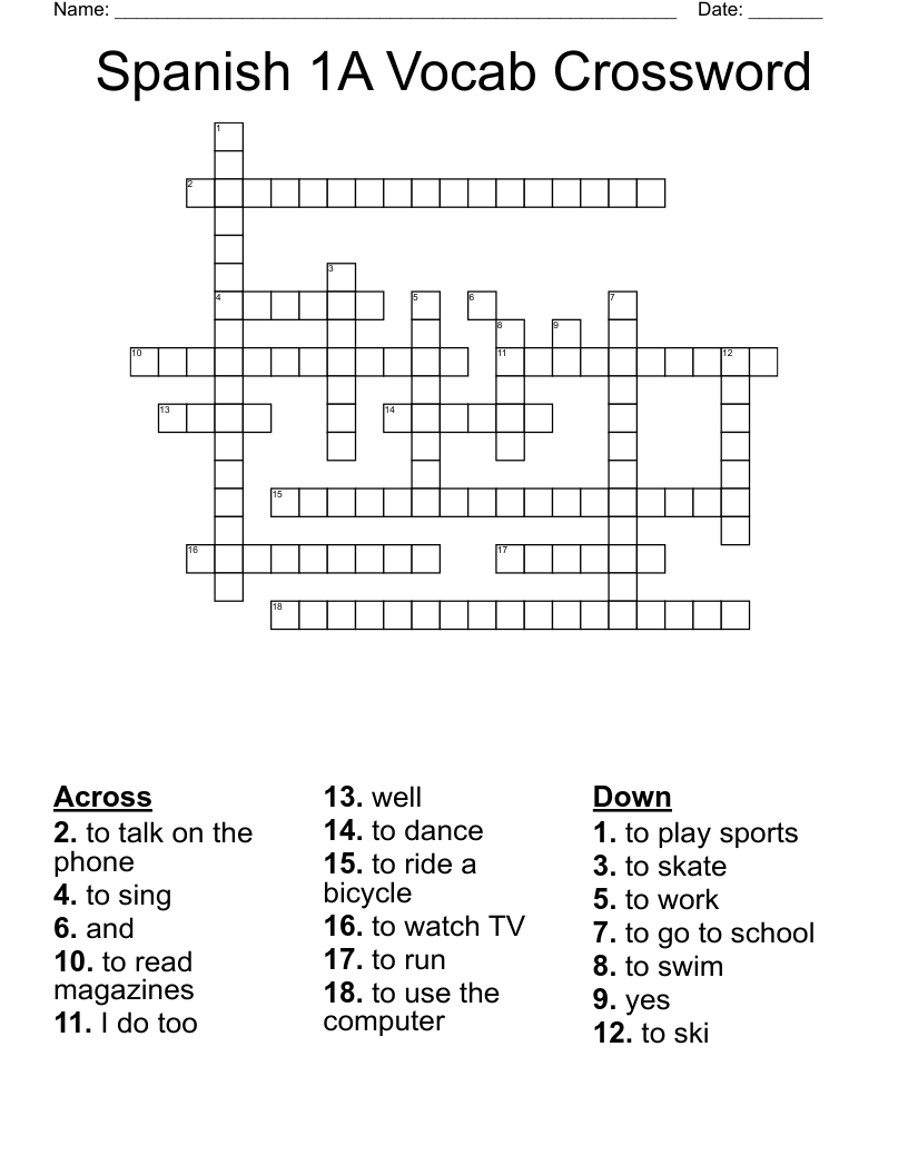Spanish 1A Vocab Crossword