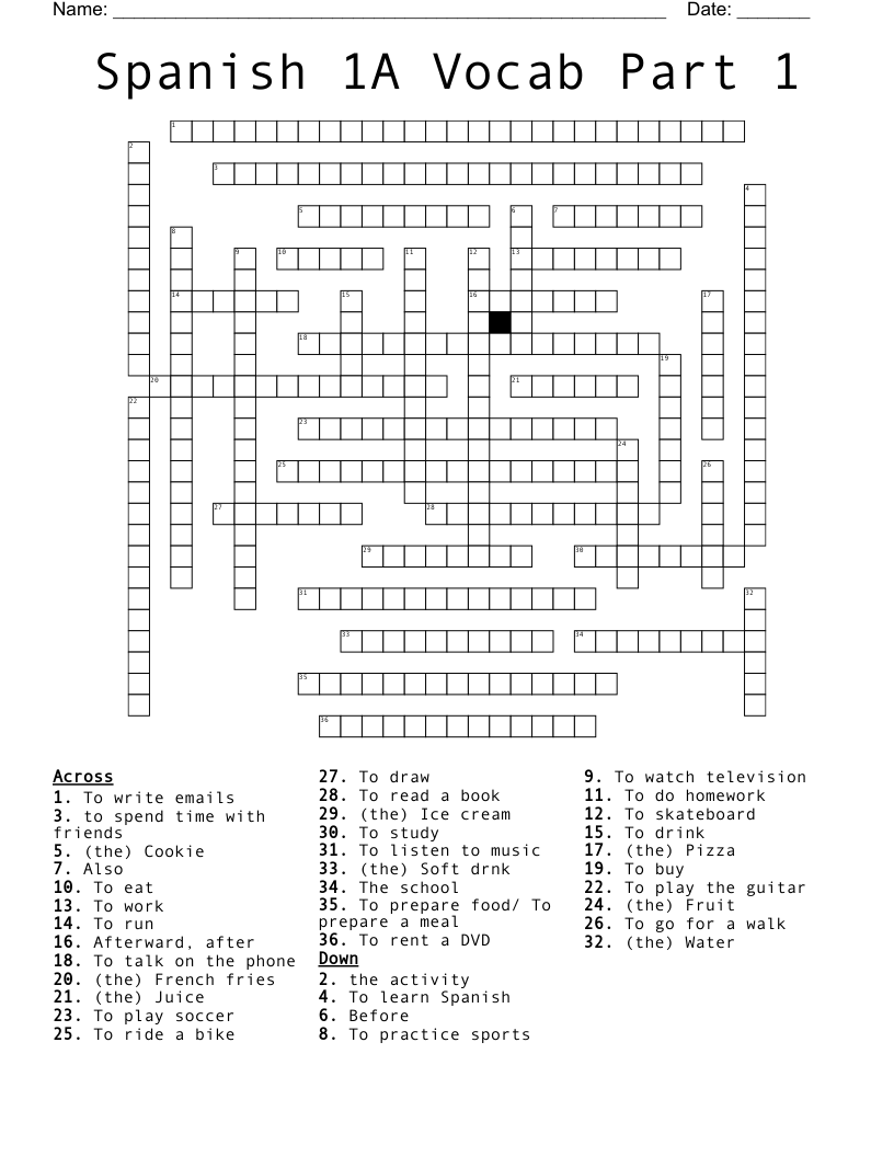Spanish 1A Vocab Part 1 Crossword