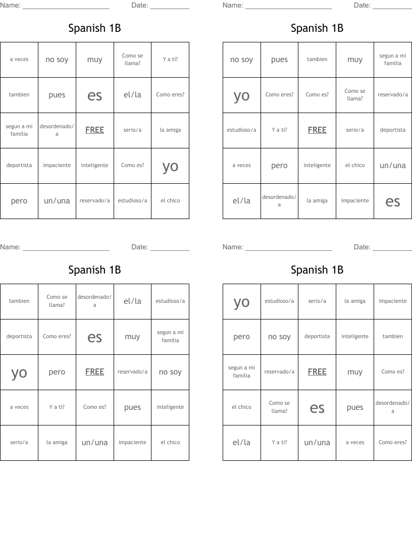 Spanish 1B Bingo Cards