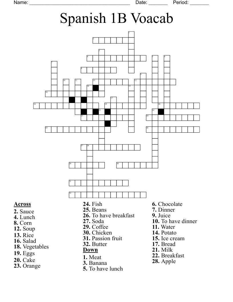 Spanish 1B Voacab Crossword
