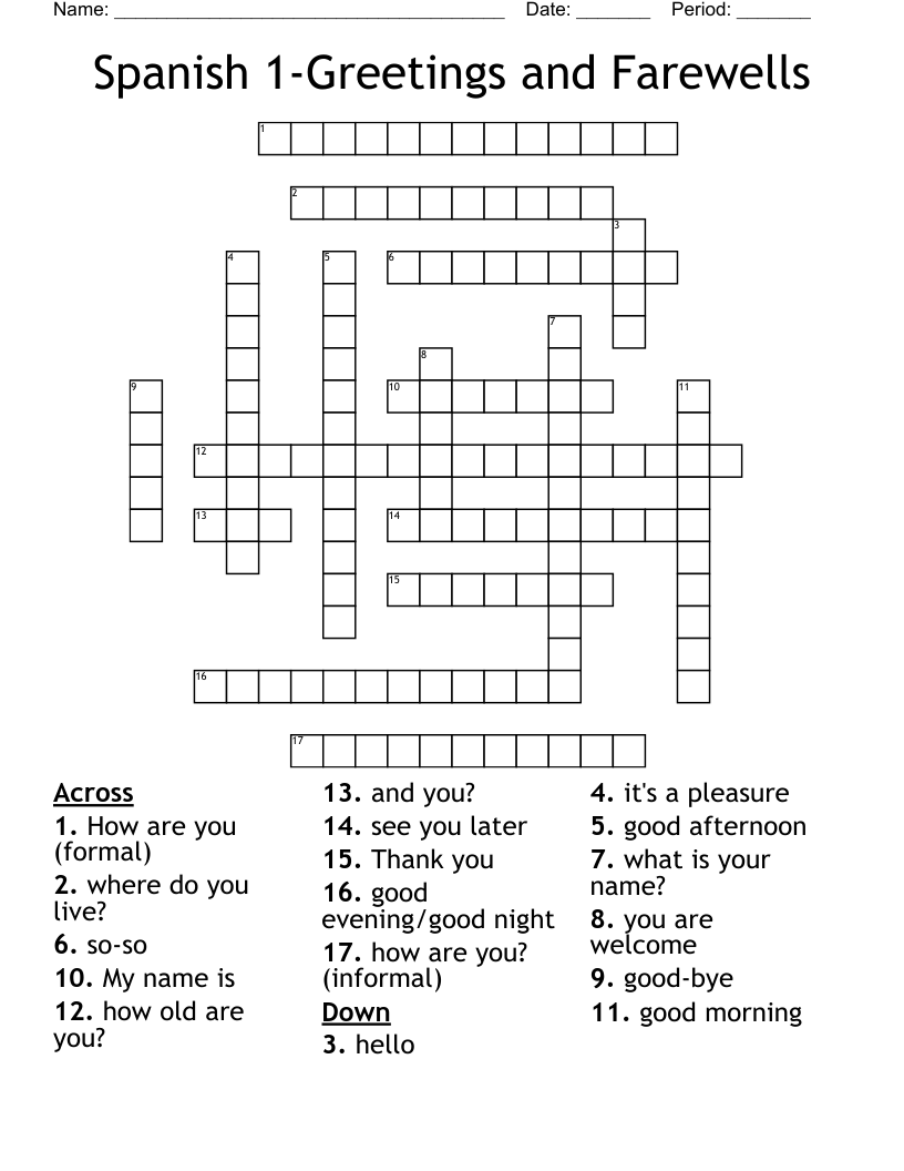 Spanish 1-Greetings and Farewells Crossword