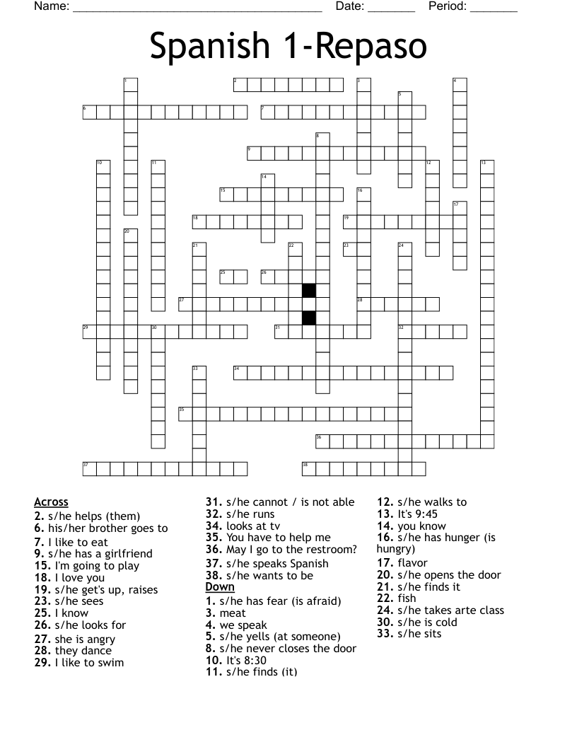 Spanish 1-Repaso Crossword
