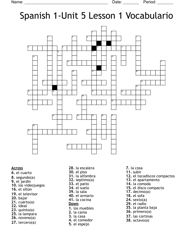 Spanish 1-Unit 5 Lesson 1 Vocabulario Crossword