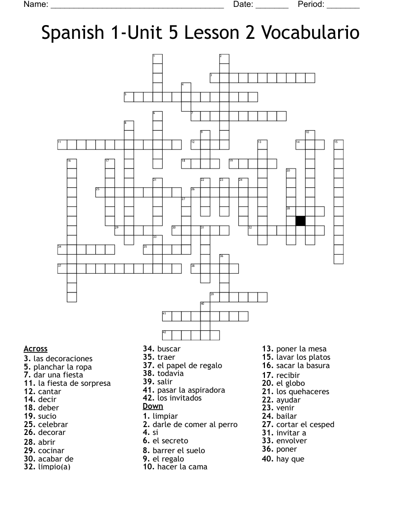 Spanish 1-Unit 5 Lesson 2 Vocabulario Crossword