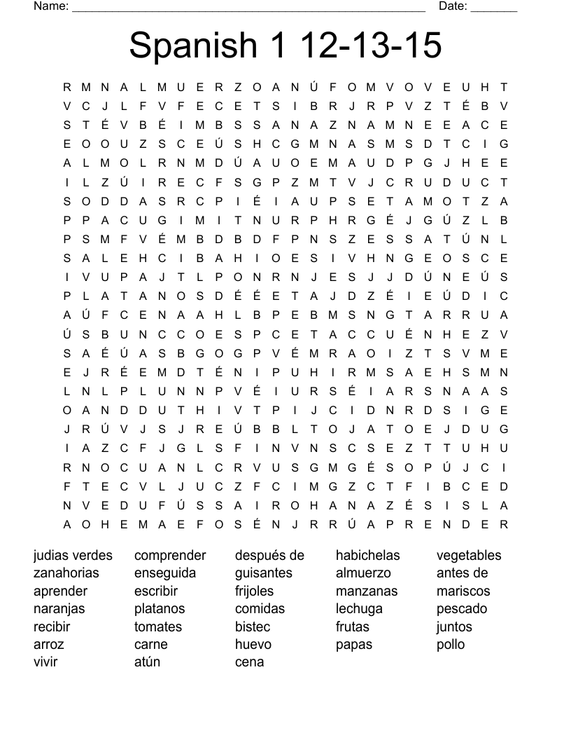 Spanish 1 12-13-15 Word Search