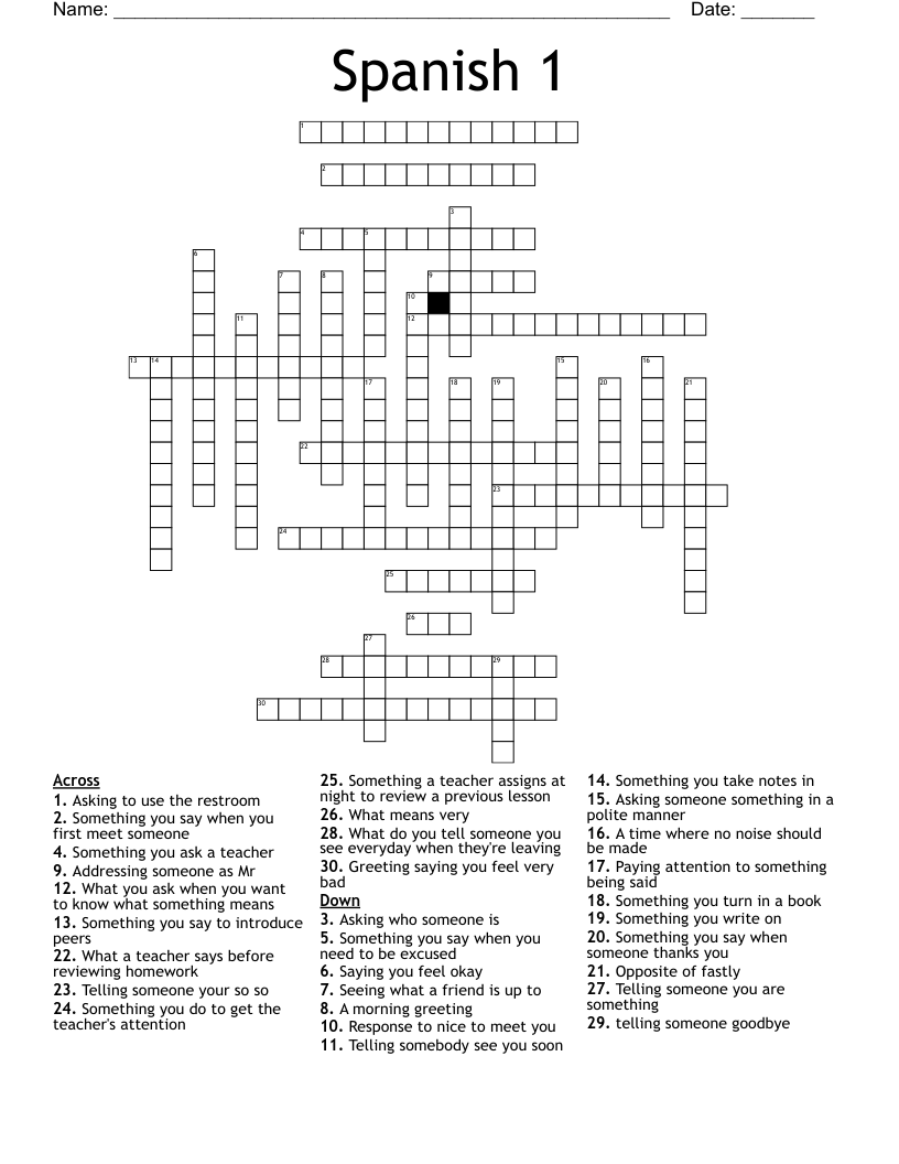 Spanish 1 Crossword