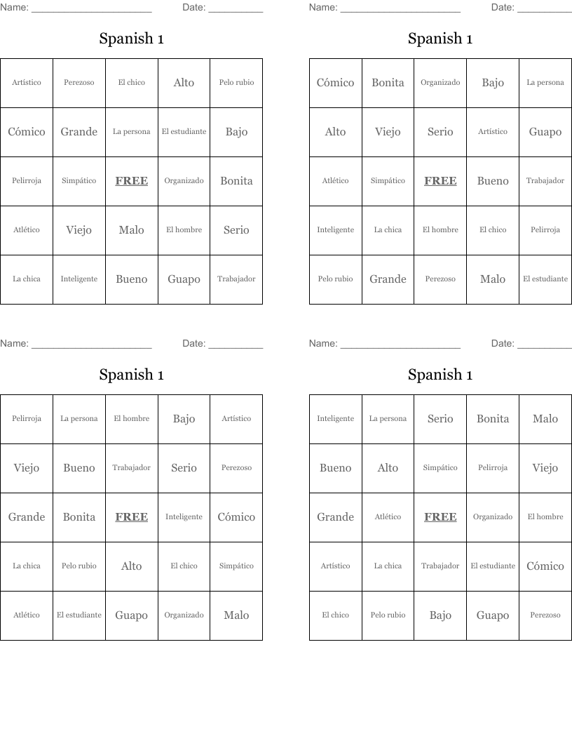 Spanish 1 Bingo Cards