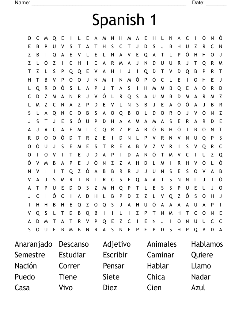 Spanish 1 Word Search