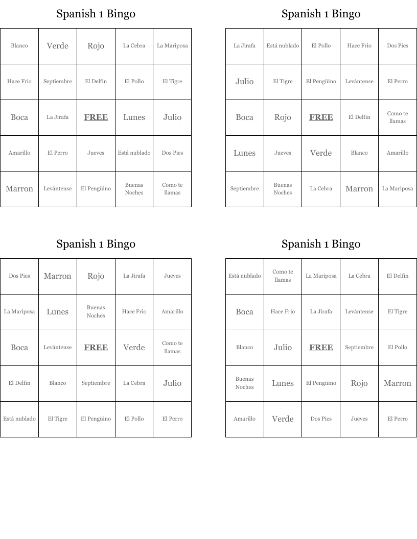 Spanish 1 Bingo 
