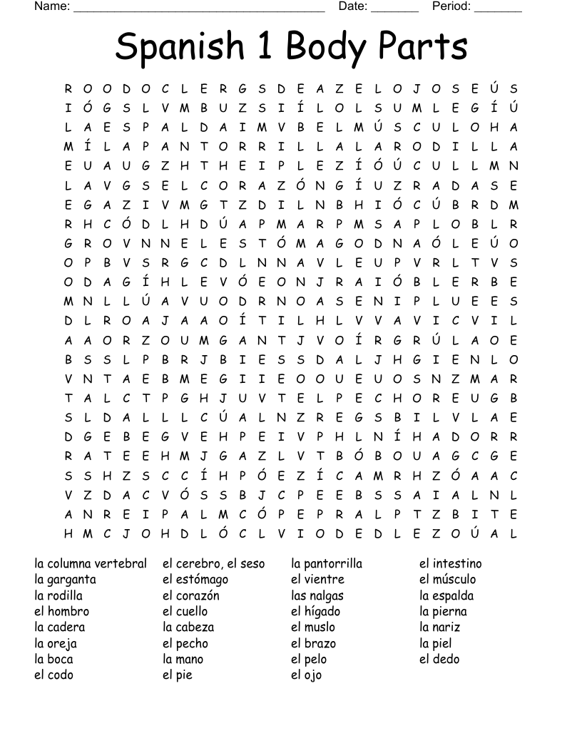 Spanish 1 Body Parts Word Search