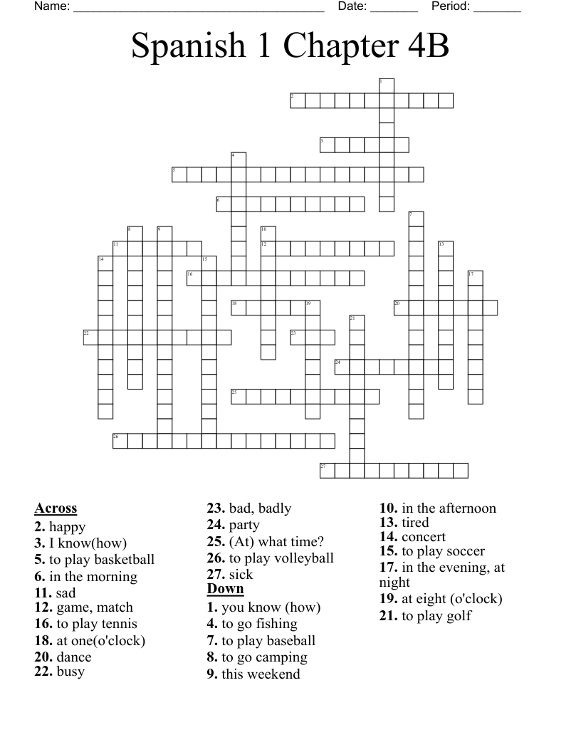 Spanish 1 Chapter 4B Crossword
