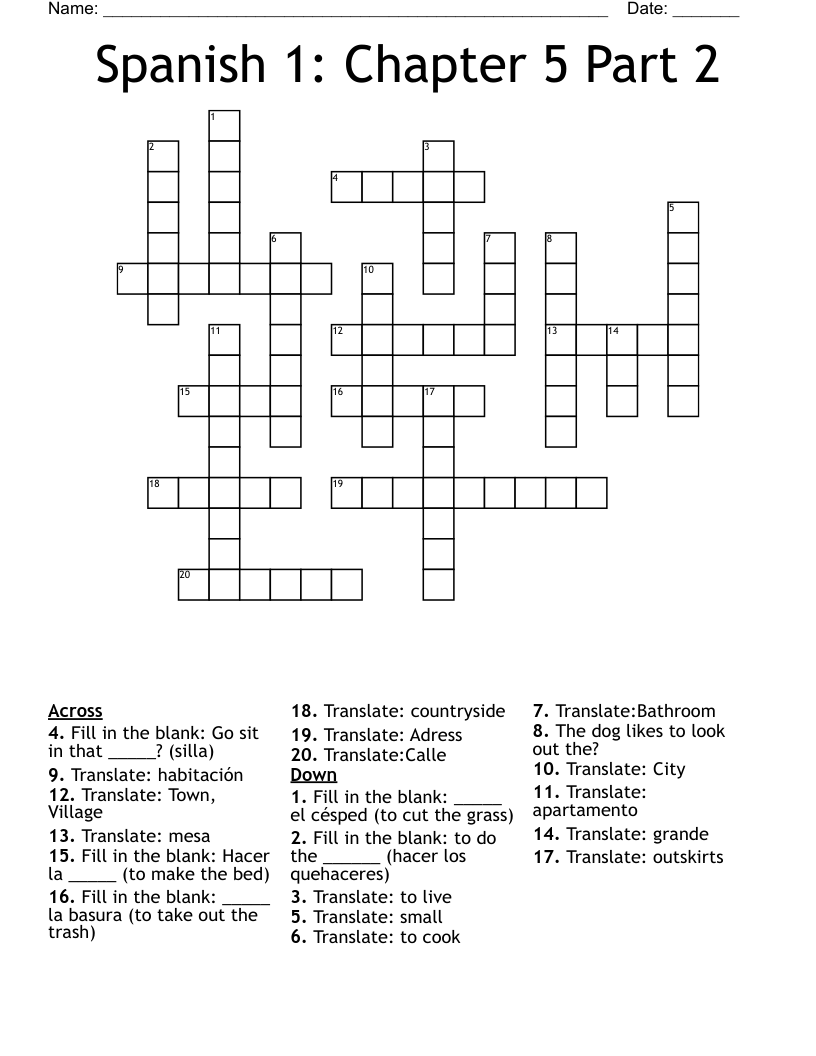 Spanish 1: Chapter 5 Part 2  Crossword