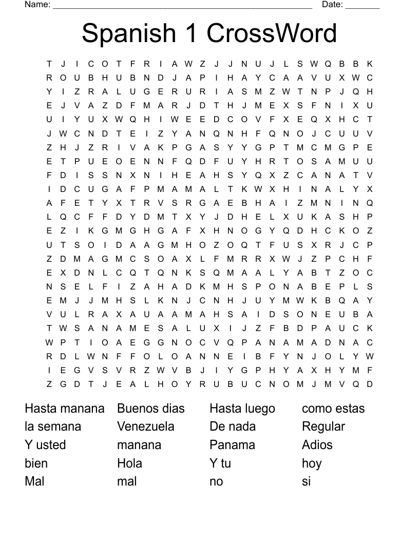 Spanish 1 CrossWord Word Search