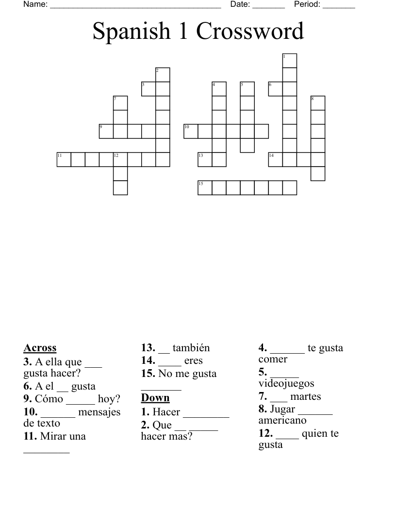 Spanish 1 Crossword