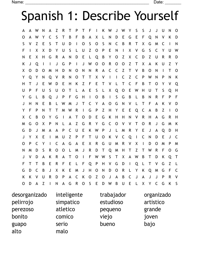 Spanish 1: Describe Yourself Word Search