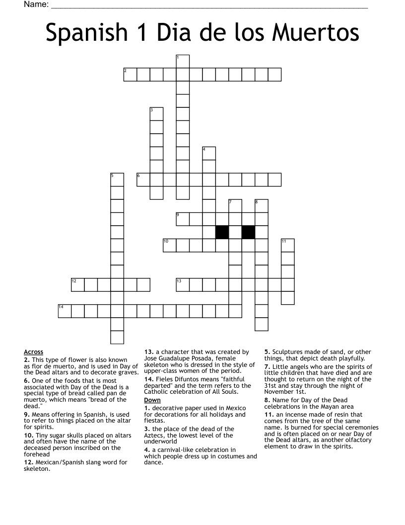 Spanish 1 Dia de los Muertos  Crossword