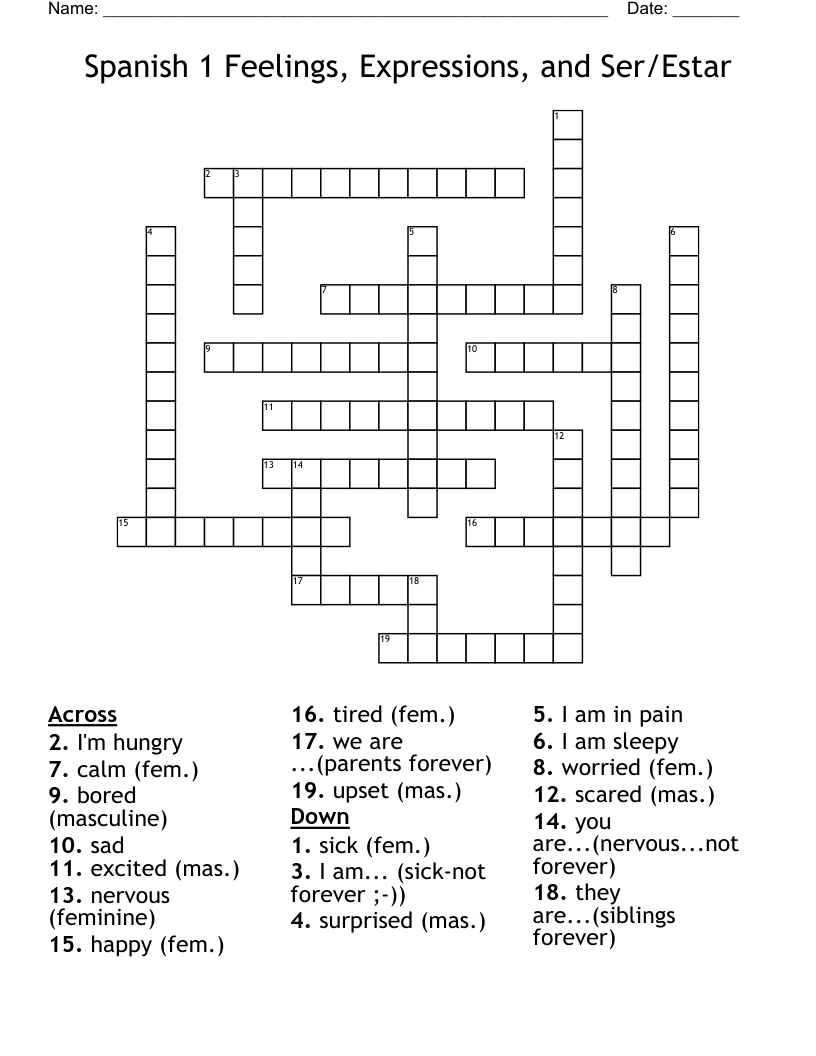 Spanish 1 Feelings, Expressions, and Ser/Estar Crossword
