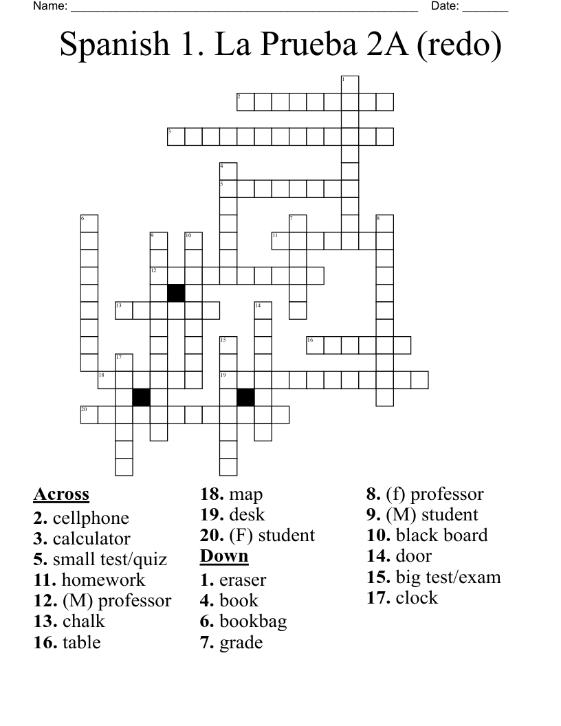 Spanish 1. La Prueba 2A (redo) Crossword