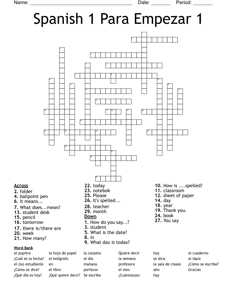Spanish 1 Para Empezar 1  Crossword