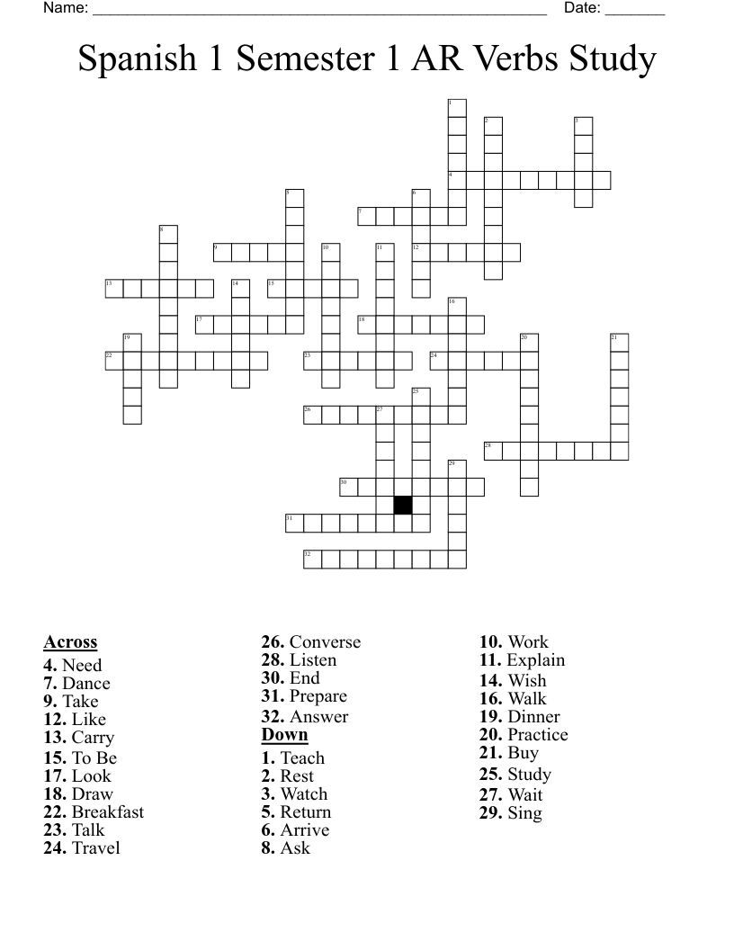 Spanish 1 Semester 1 AR Verbs Study Crossword