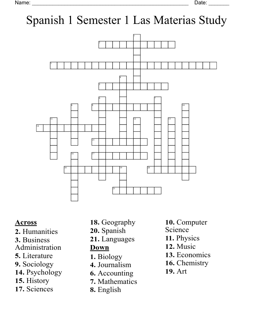 Spanish 1 Semester 1 Las Materias Study Crossword