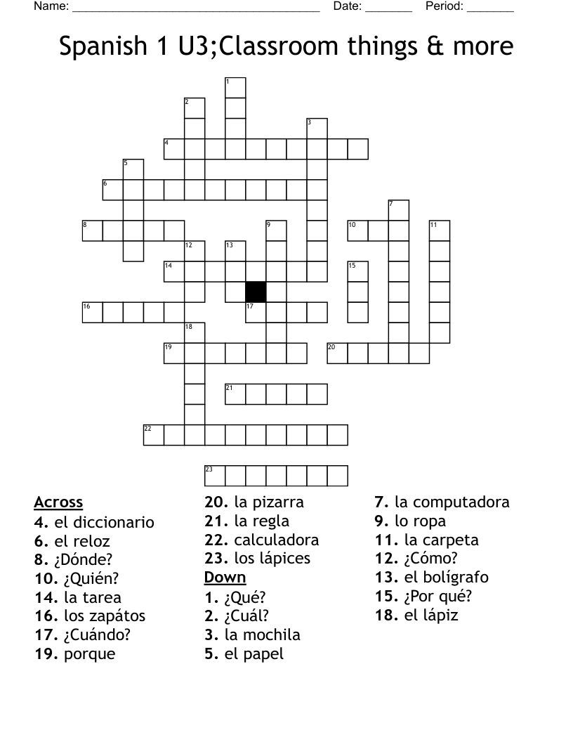 Spanish 1 U3;Classroom things & more Crossword