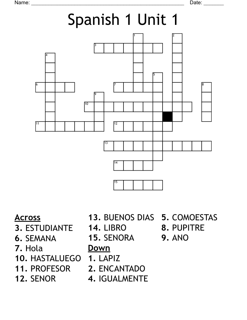 Spanish 1 Unit 1 Crossword