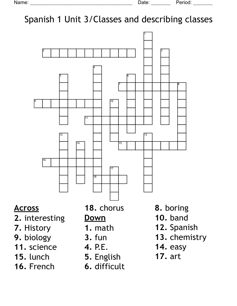 Spanish 1 Unit 3/Classes and describing classes Crossword