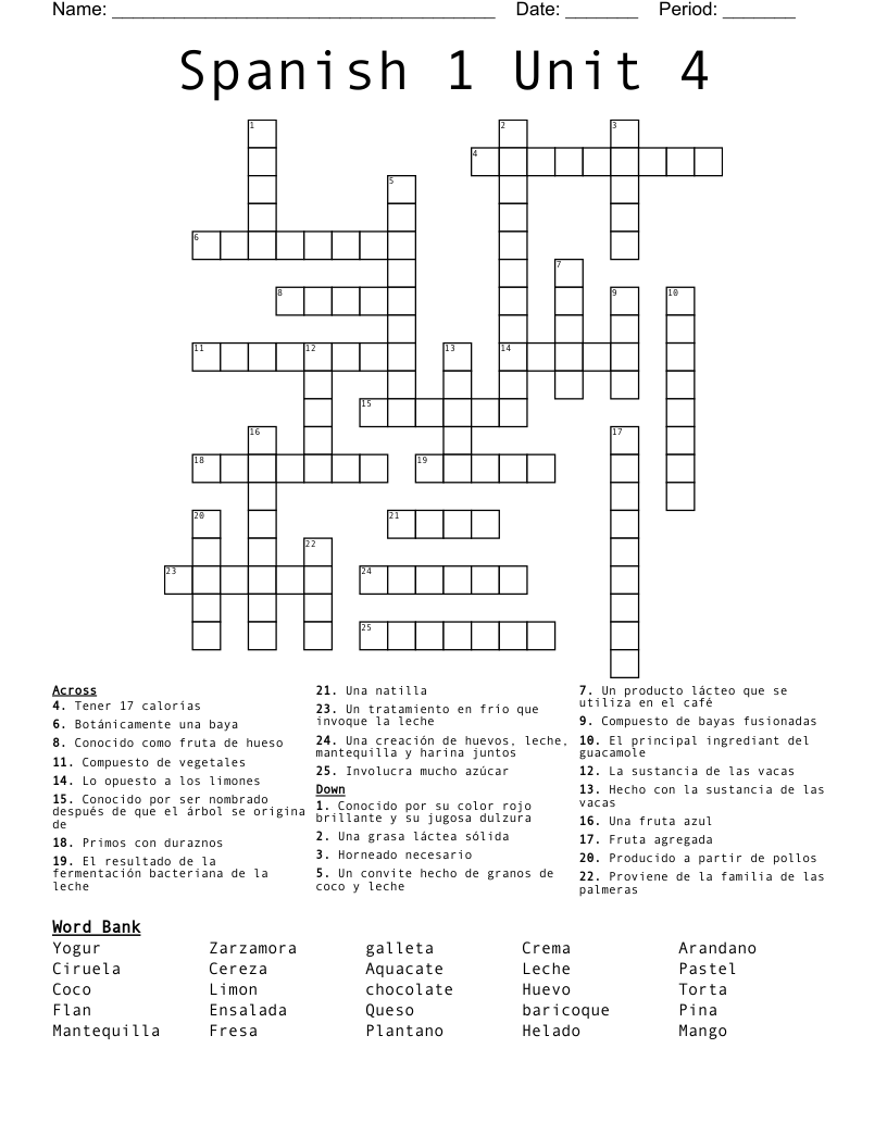 Spanish 1 Unit 4 Crossword