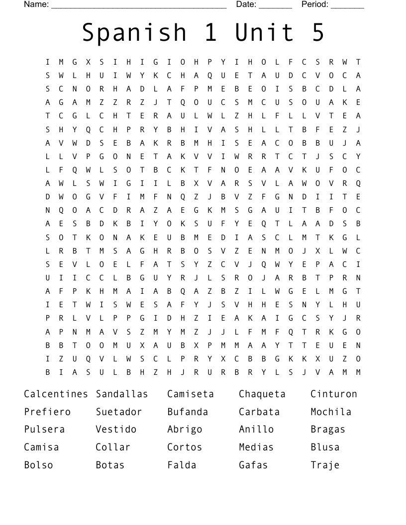 Spanish 1 Unit 5 Word Search