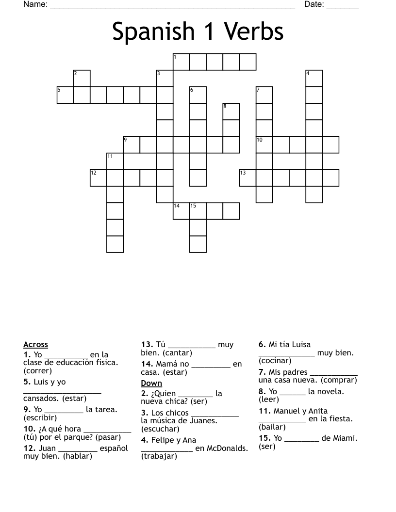 Spanish 1 Verbs Crossword