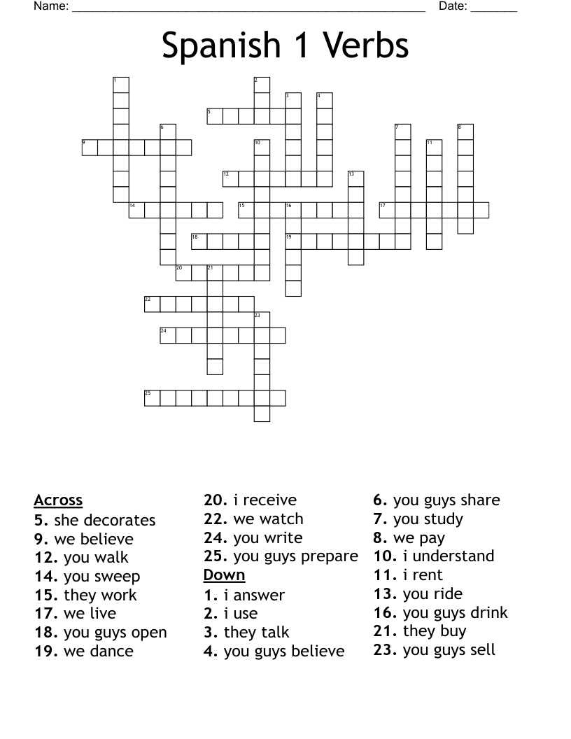 Spanish 1 Verbs Crossword