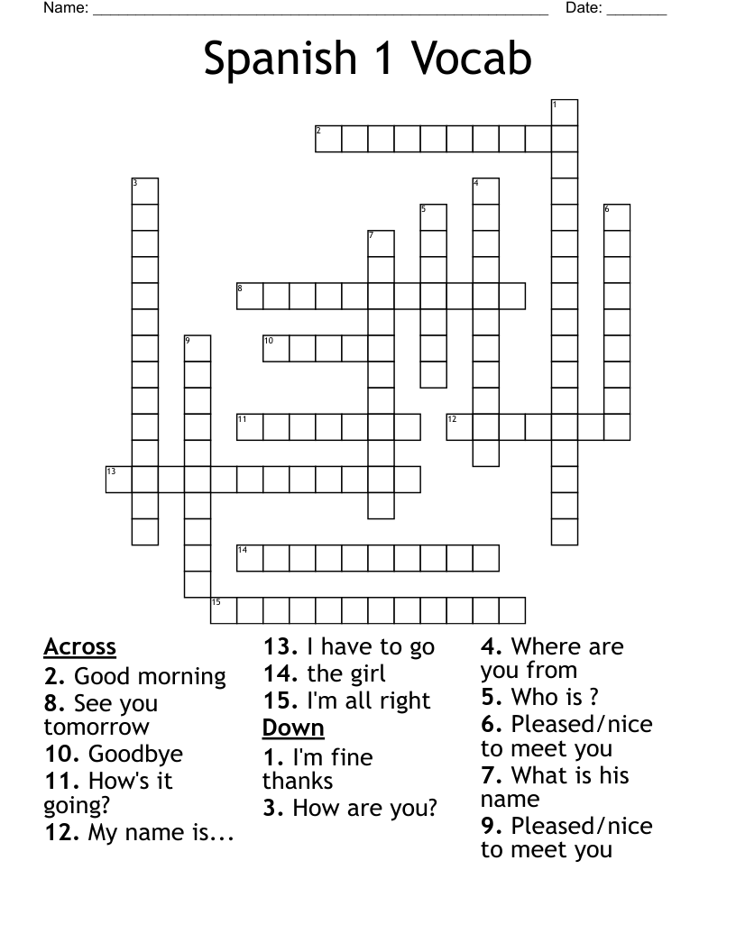 Spanish 1 Vocab Crossword
