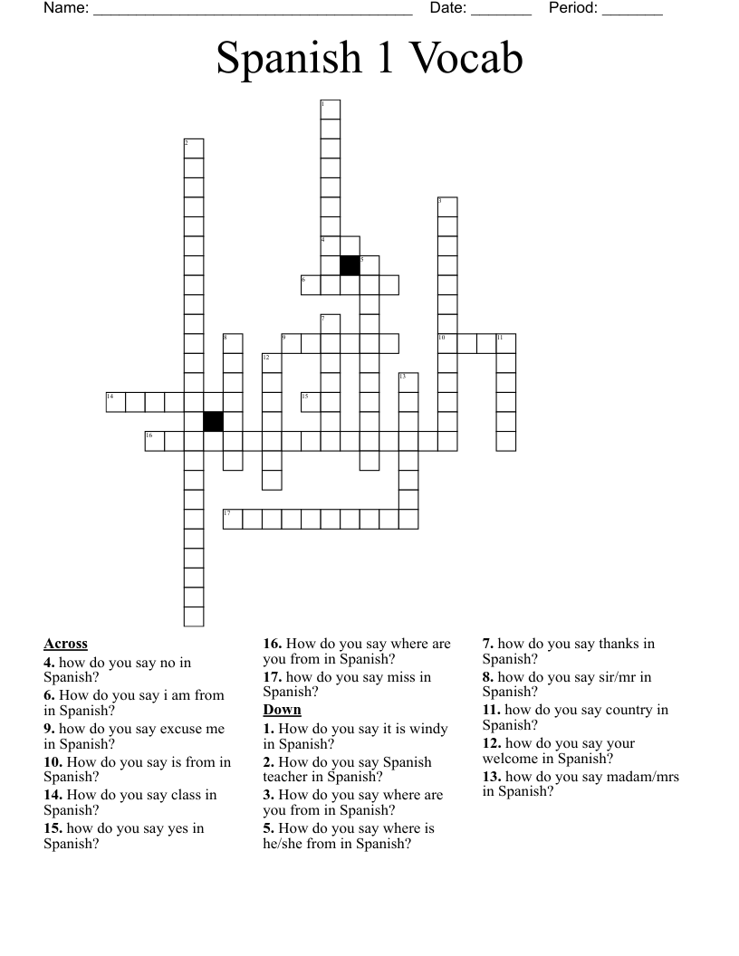 Spanish 1 Vocab Crossword