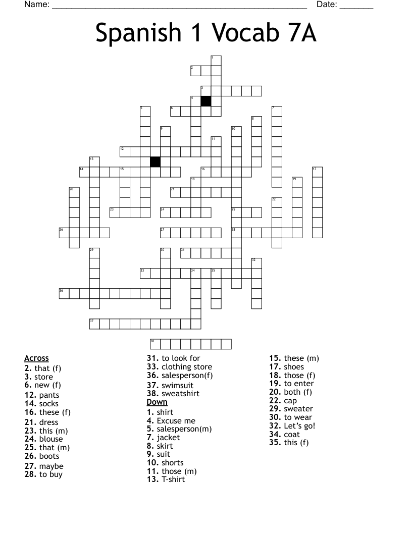 Spanish 1 Vocab 7A Crossword