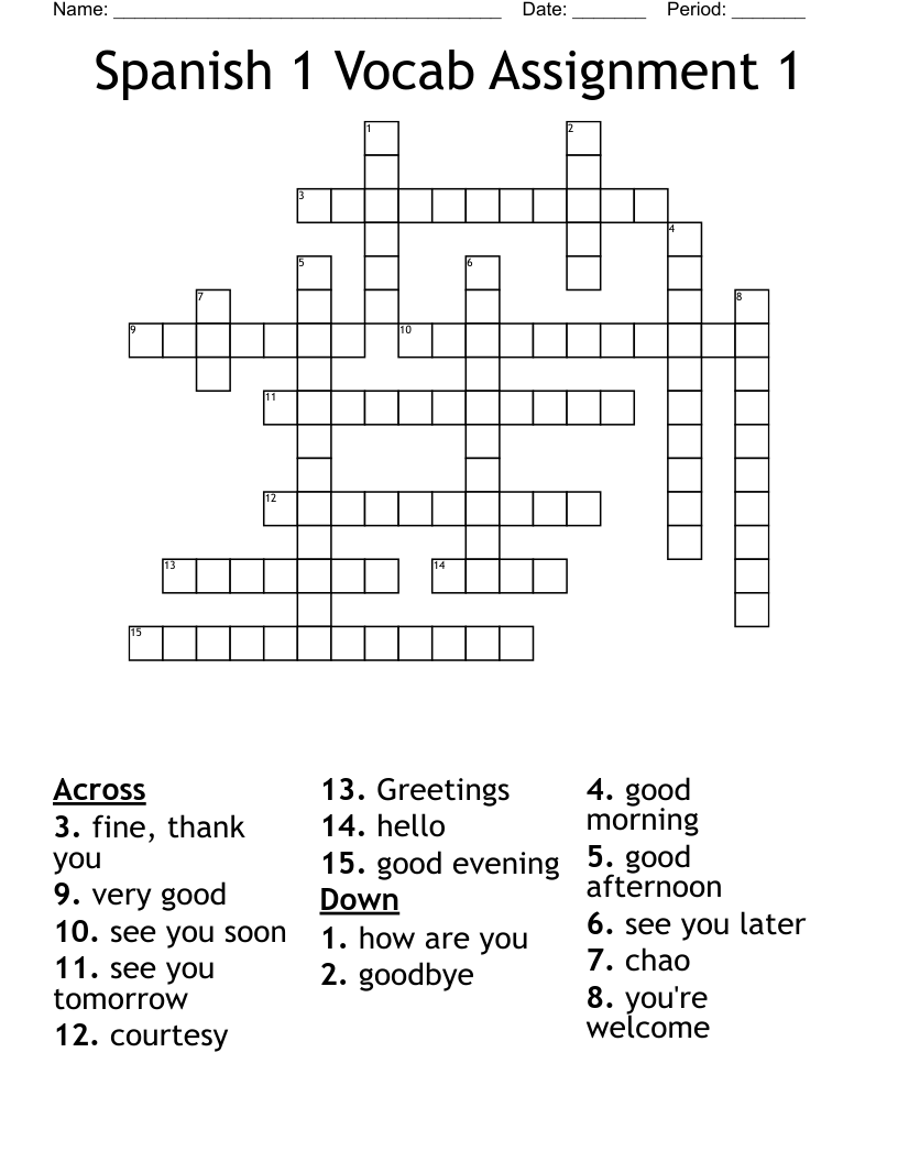 Spanish 1 Vocab Assignment 1 Crossword