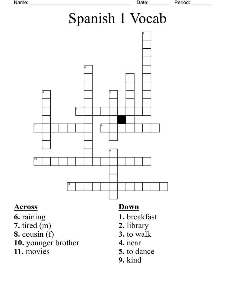 Spanish 1 Vocab  Crossword