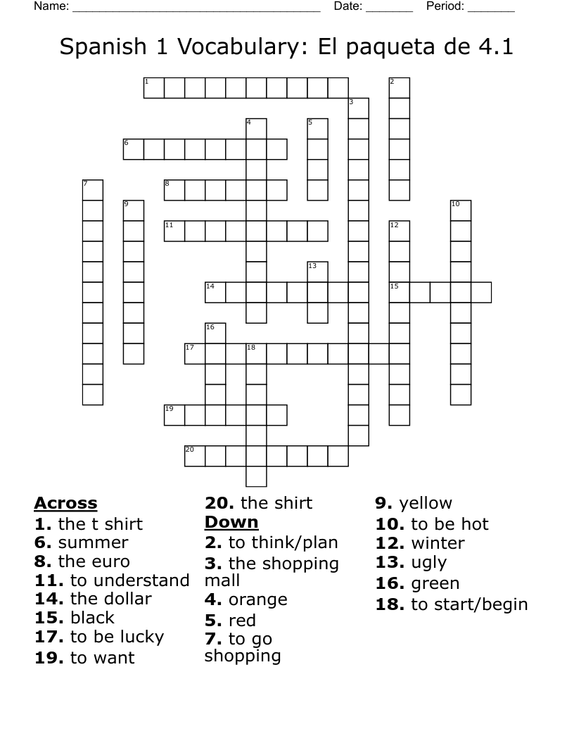 Spanish 1 Vocabulary: El paqueta de 4.1 Crossword
