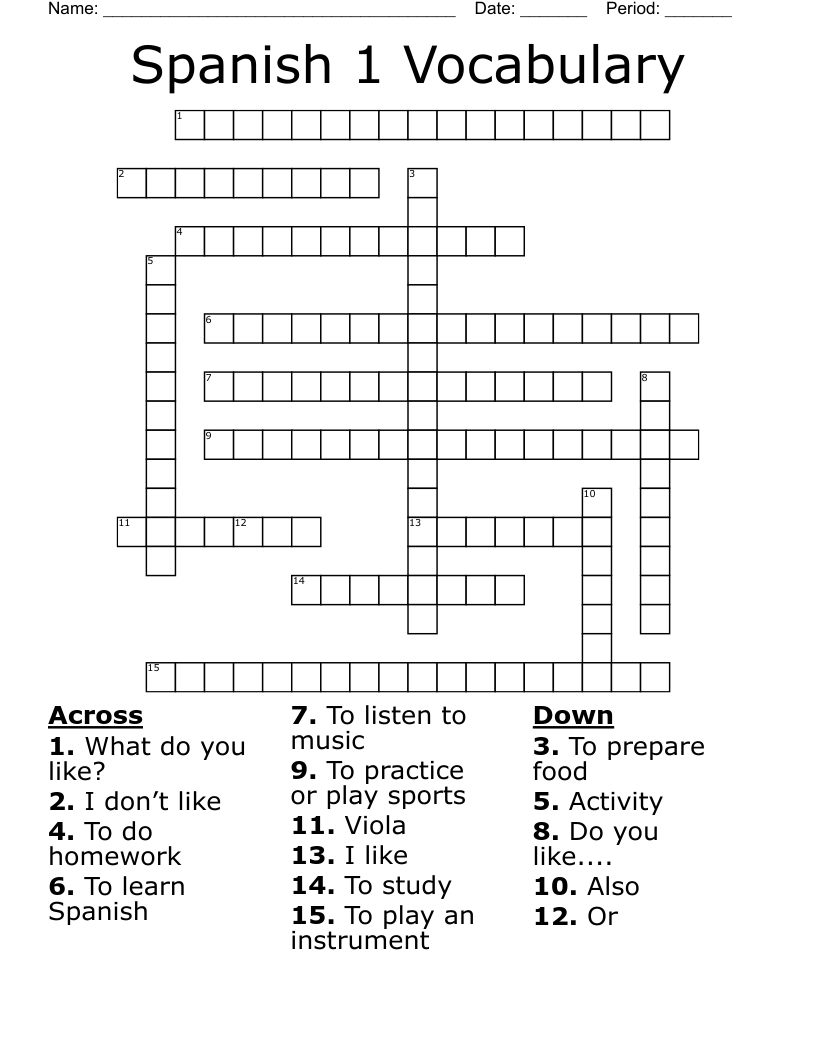Spanish 1 Vocabulary  Crossword