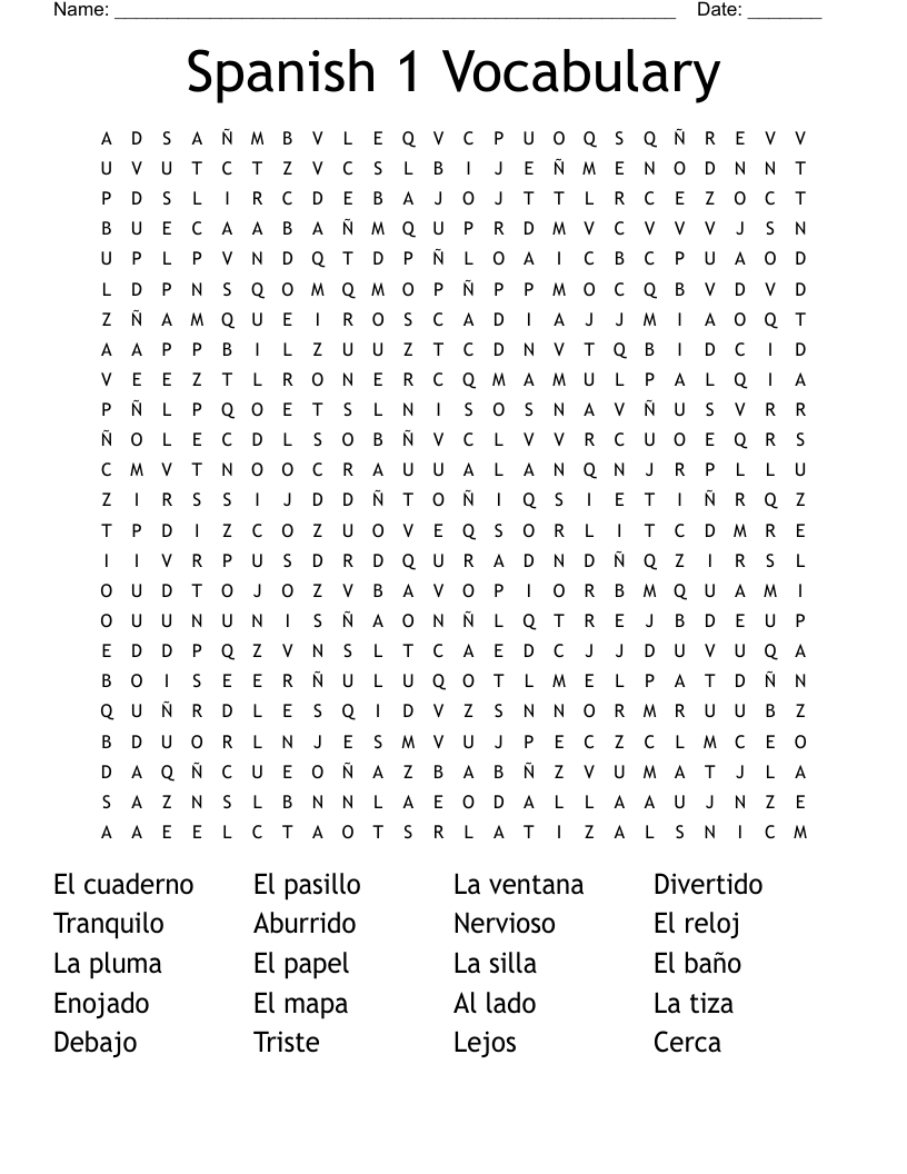Spanish 1 Vocabulary  Word Search